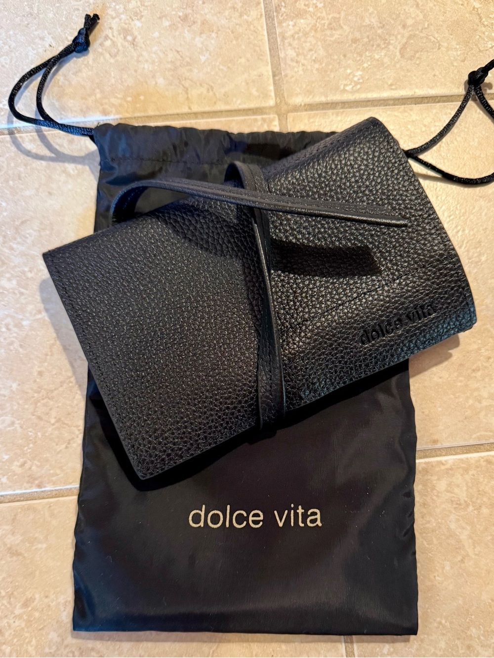 Dolce Vita Black Pebbled Leather Wrap Wallet with Tie
